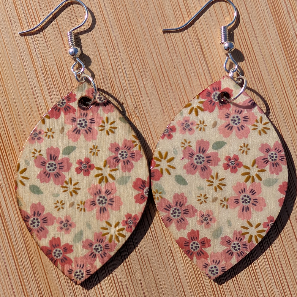 Pink and Gold Floral Teardrop Earrings